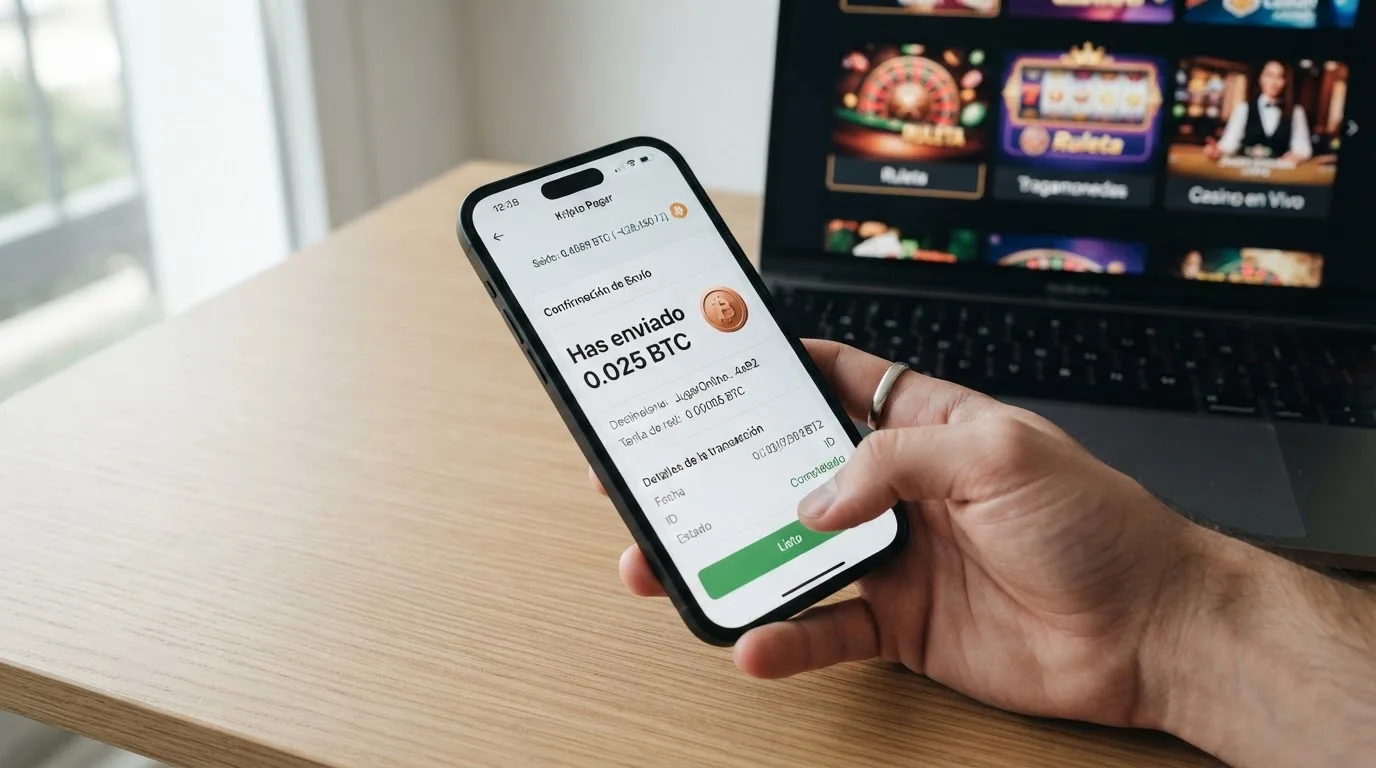 Un teléfono móvil mostrando una wallet de criptomonedas junto a la interfaz de un casino online en segundo plano