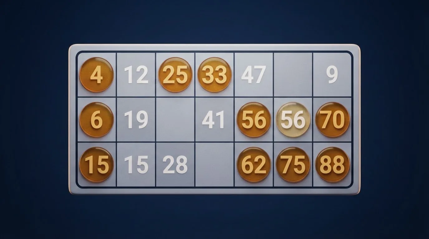 Cartón digital de bingo de 90 bolas con tres filas de cinco números cada una y nueve columnas