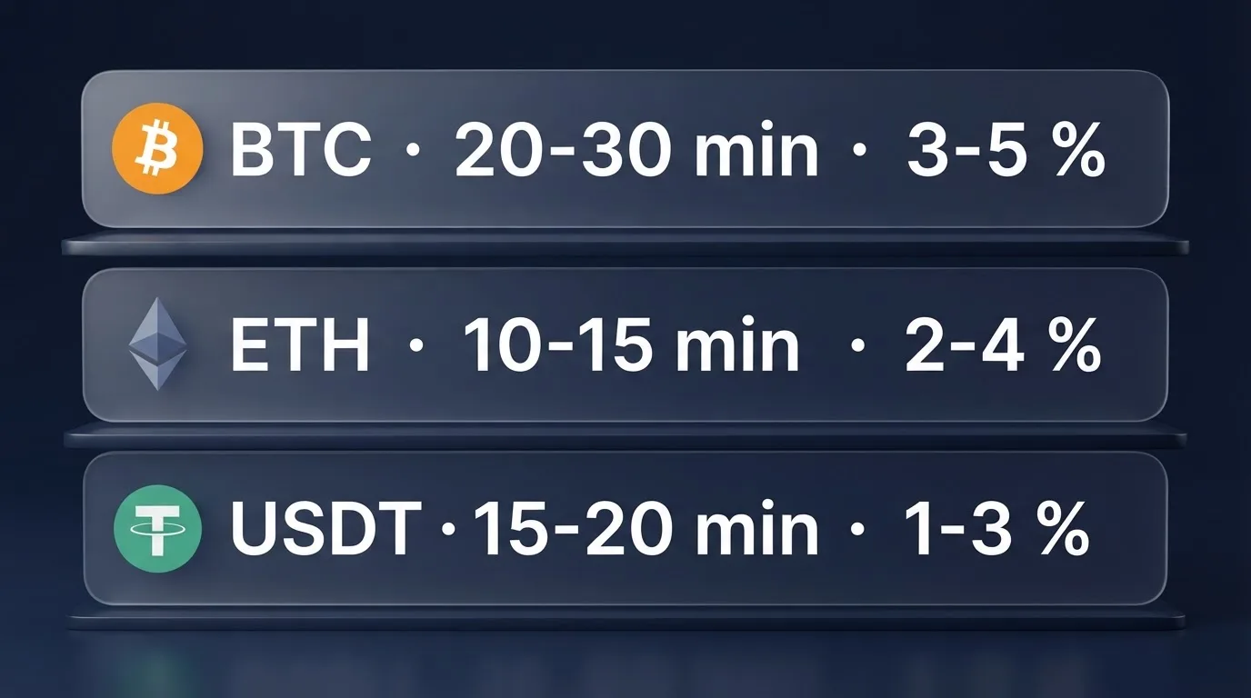 Infografía con las criptomonedas más usadas en casinos (BTC, ETH, USDT) y junto a cada una su tiempo medio de retiro y su porcentaje de comisión