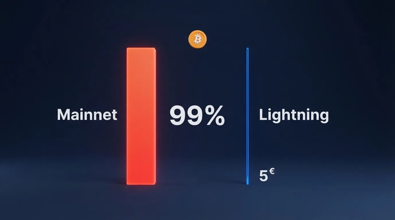 Gráfico comparativo de las comisiones por transacción entre Bitcoin mainnet y Lightning Network