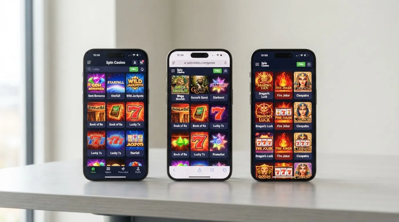 Tres teléfonos móviles mostrando una app de casino nativa, una web móvil responsive y una PWA una al lado de la otra