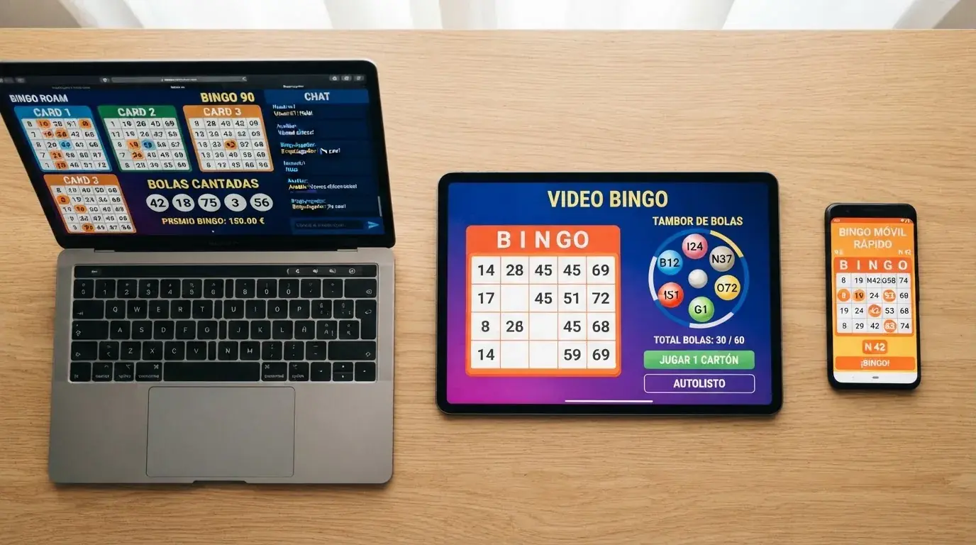 Vista comparativa de interfaces de distintas salas de bingo online español con sus cartones, botes y chats