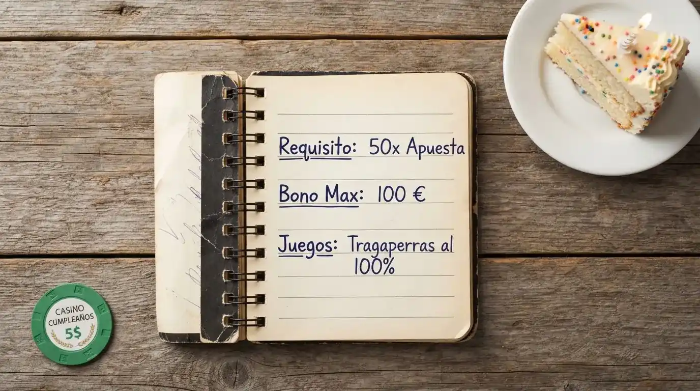 Vista comparativa de tarjetas con los elementos clave de un bono de cumpleaños (importe, rollover, validez) ordenadas sobre una mesa, con un calendario y una tarta como contexto visual