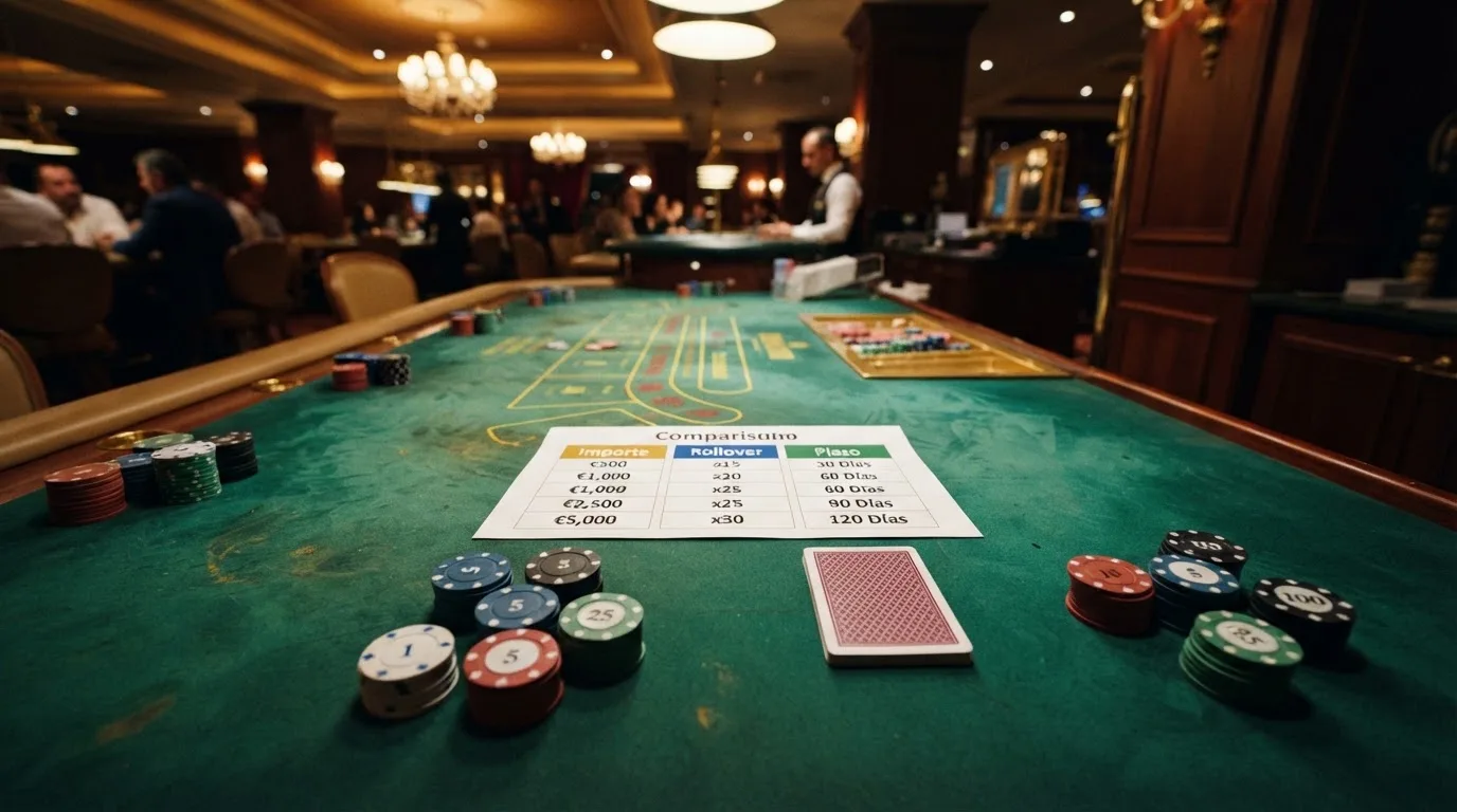 Una tabla comparativa sobre un fondo de casino con fichas y cartas, donde se destacan tres columnas: importe del bono, rollover y plazo de caducidad
