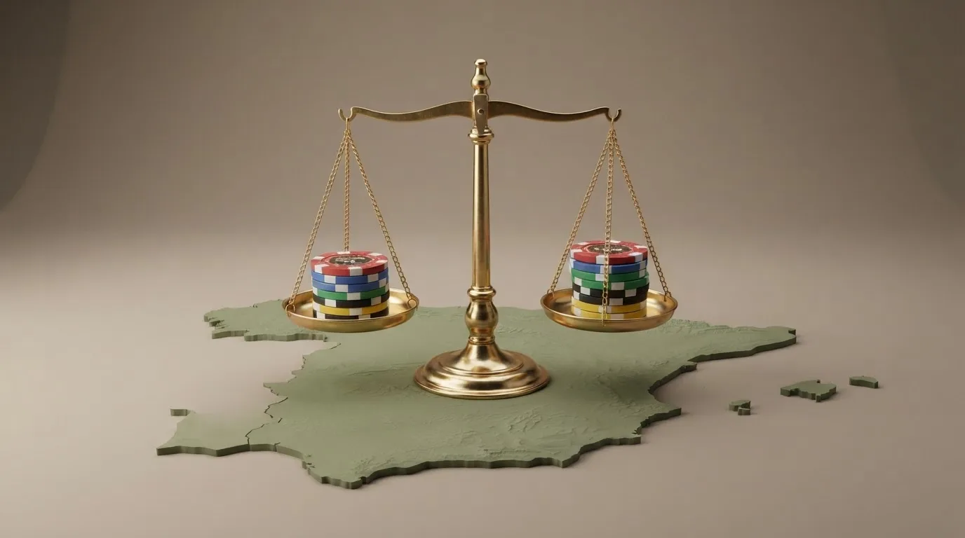Una ficha de dominó o una balanza simbólica sobre un mapa de España, con fichas de casino alineadas en dos filas