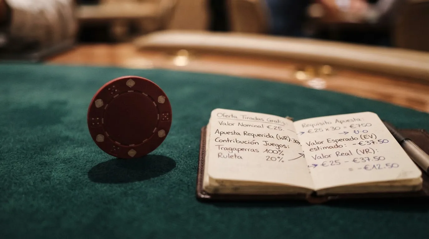 Representación visual de las condiciones clave de una oferta de tiradas gratis: wagering, validez, tope de ganancia, con fichas de varios operadores en paralelo
