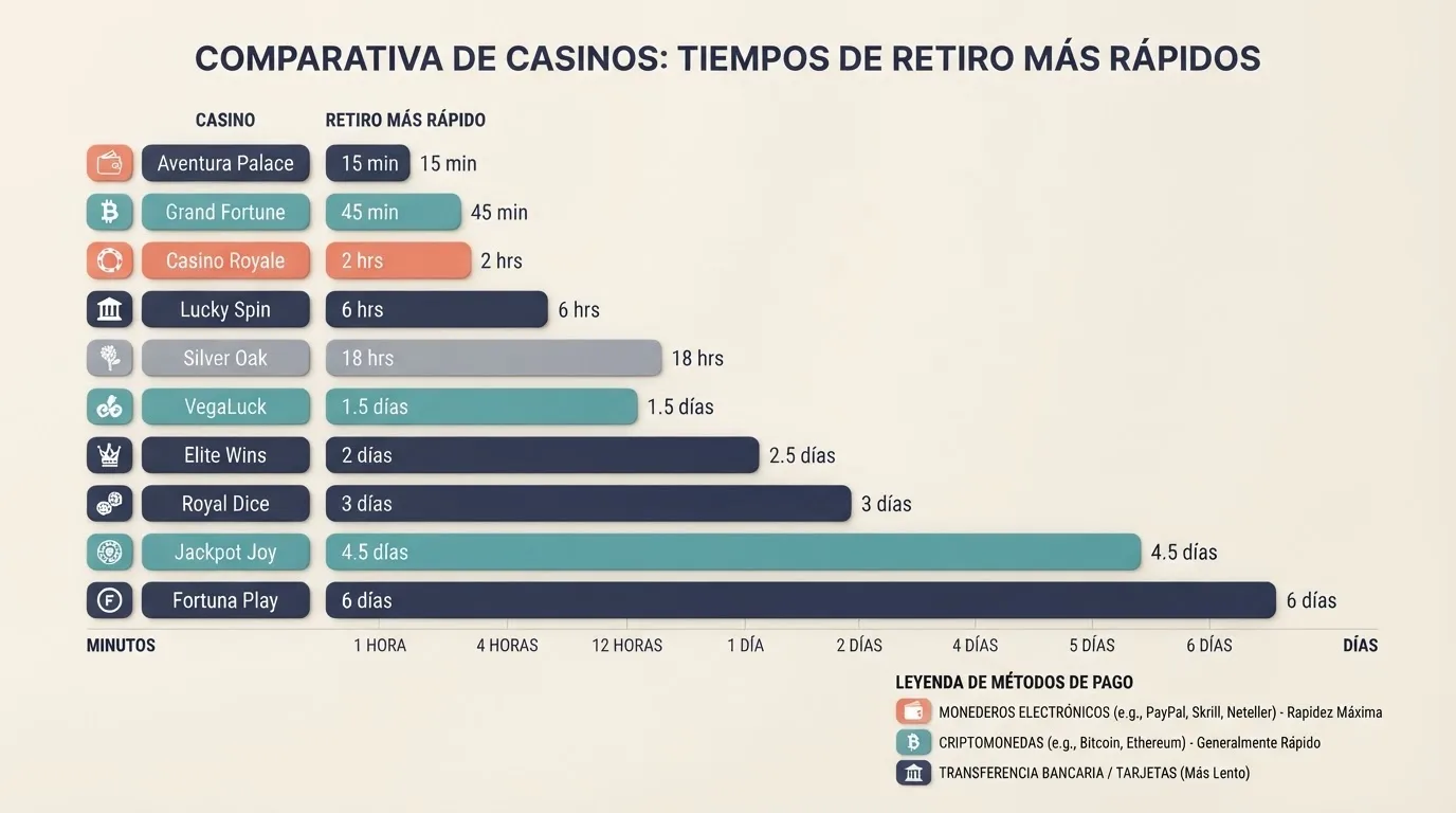 Tabla comparativa con los nombres de diez casinos online españoles y sus tiempos de retirada más rápidos por método de pago