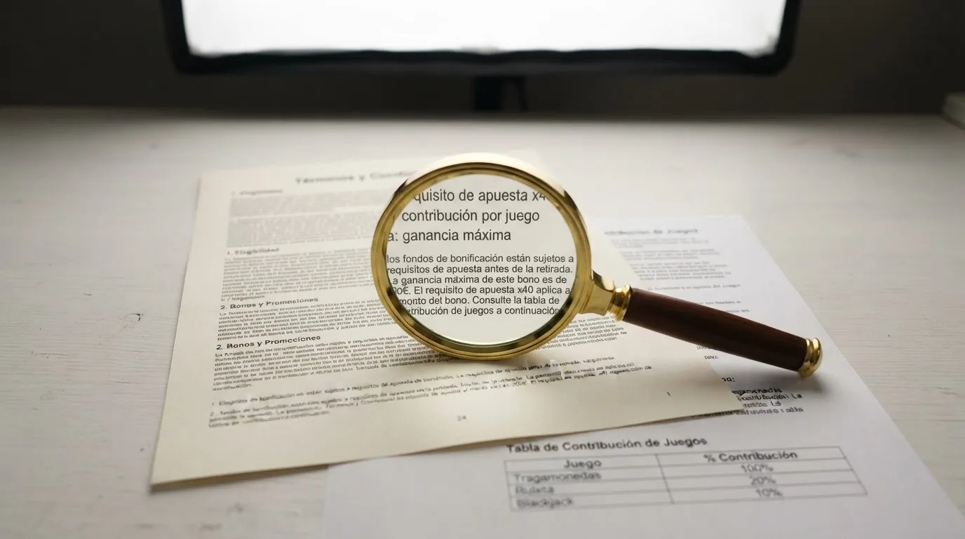 Una lupa sobre la letra pequeña de un bono de casino donde se leen los términos «requisito de apuesta x40», «contribución por juego» y «ganancia máxima»