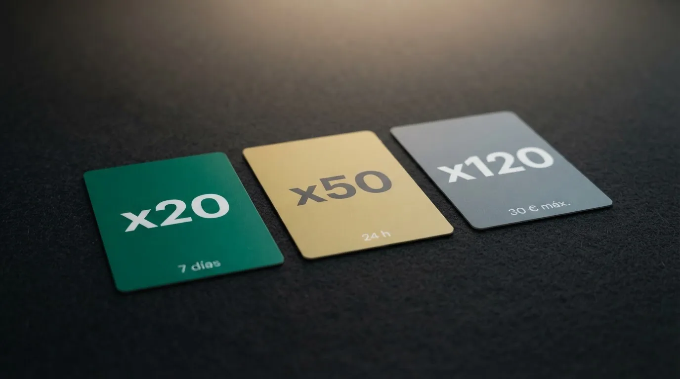 Comparación visual de tres tarjetas de oferta de giros gratis con cifras destacadas de rollover, plazo y ganancia máxima, ordenadas de más a menos favorable