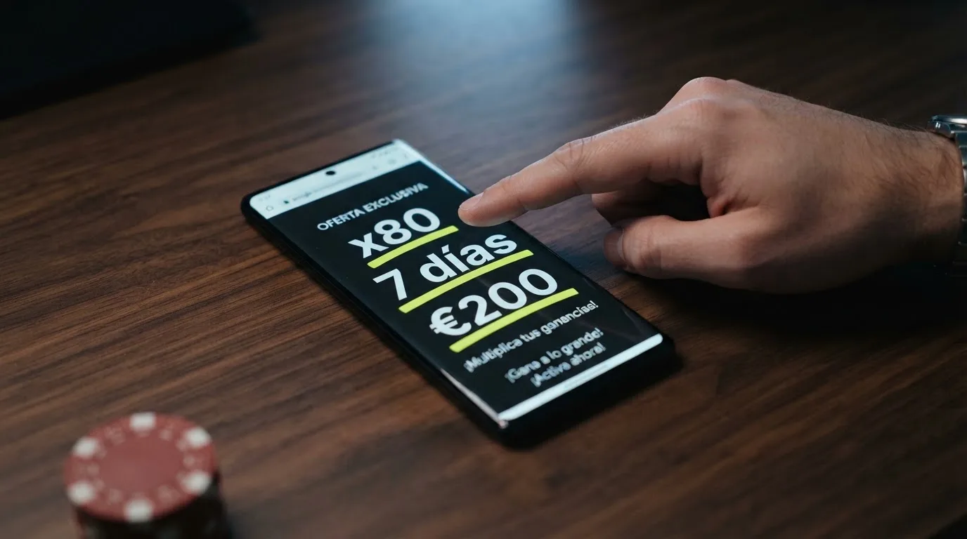 Primer plano de los términos y condiciones de una promoción de tiradas gratis en la pantalla de un móvil, con las cifras de rollover, caducidad y tope de retirada subrayadas
