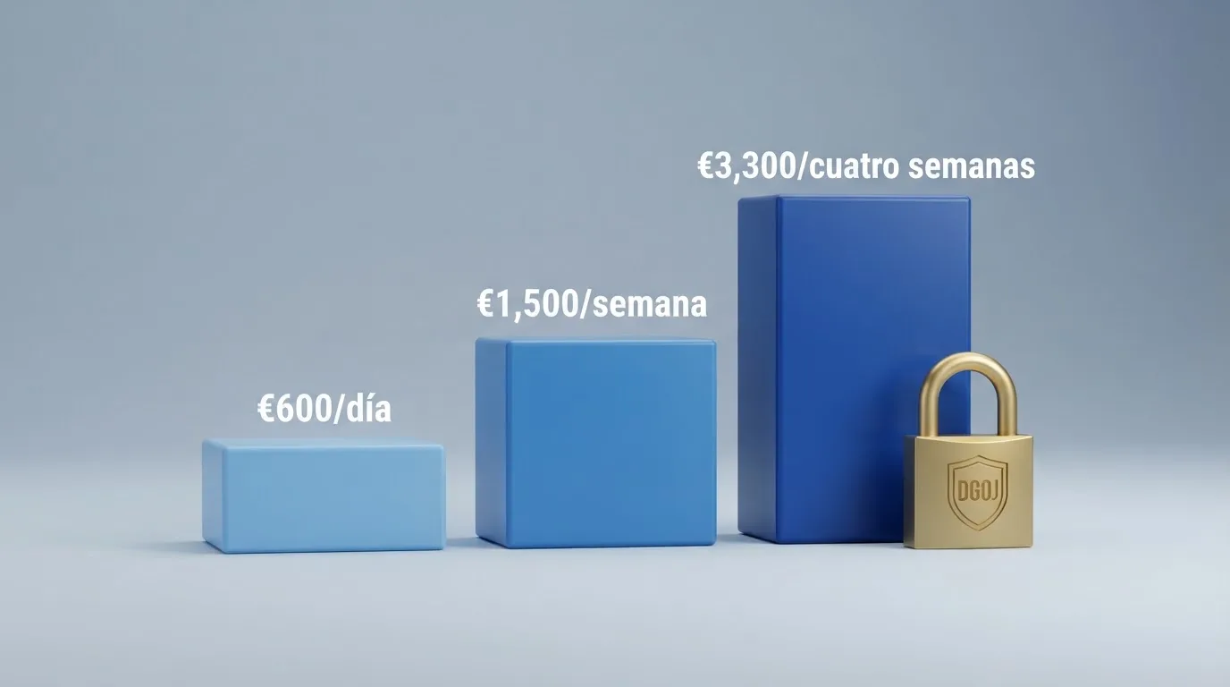 Infografía simplificada con los tres tramos de límites DGOJ (diario, semanal, mensual) y un candado que representa la protección del jugador dentro del sistema regulado