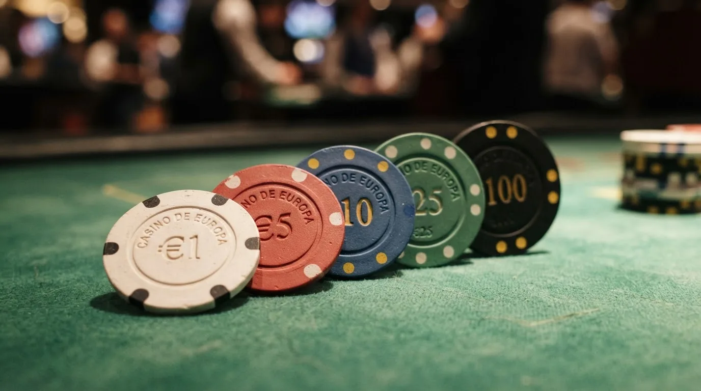 Cinco monedas apiladas de 1 €, 5 €, 10 €, 15 € y 20 € sobre el tapete de un casino online