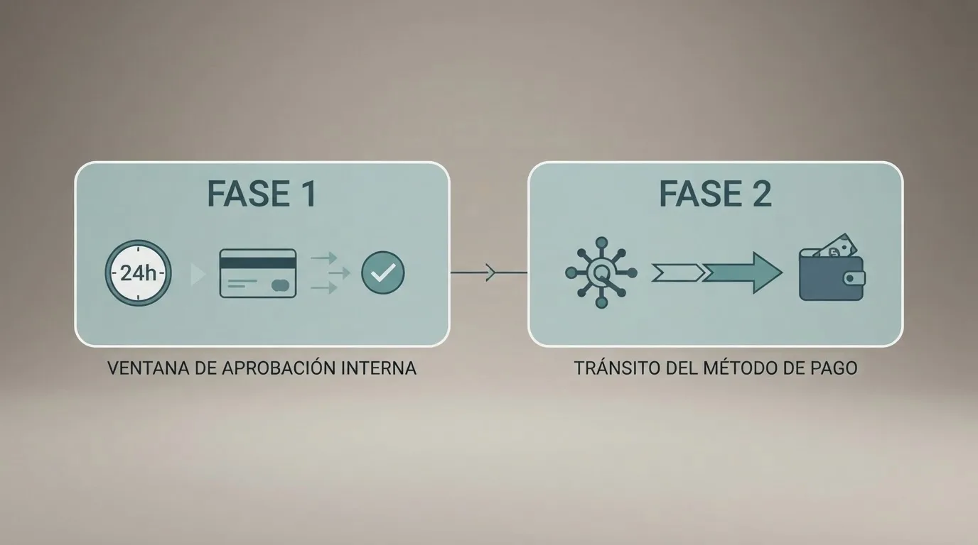 Esquema visual de las dos fases de una retirada en un casino online: la aprobación interna del operador y el envío por el método de pago elegido