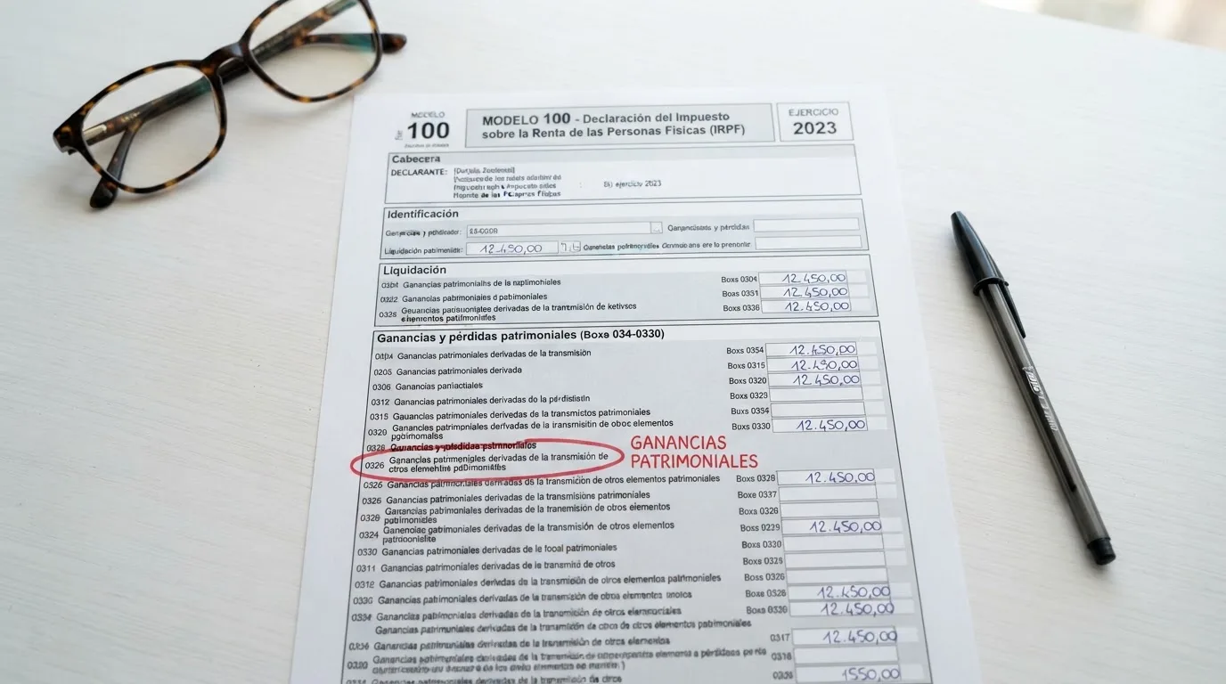 Un extracto simulado de la declaración de la renta con la casilla de ganancias patrimoniales señalada