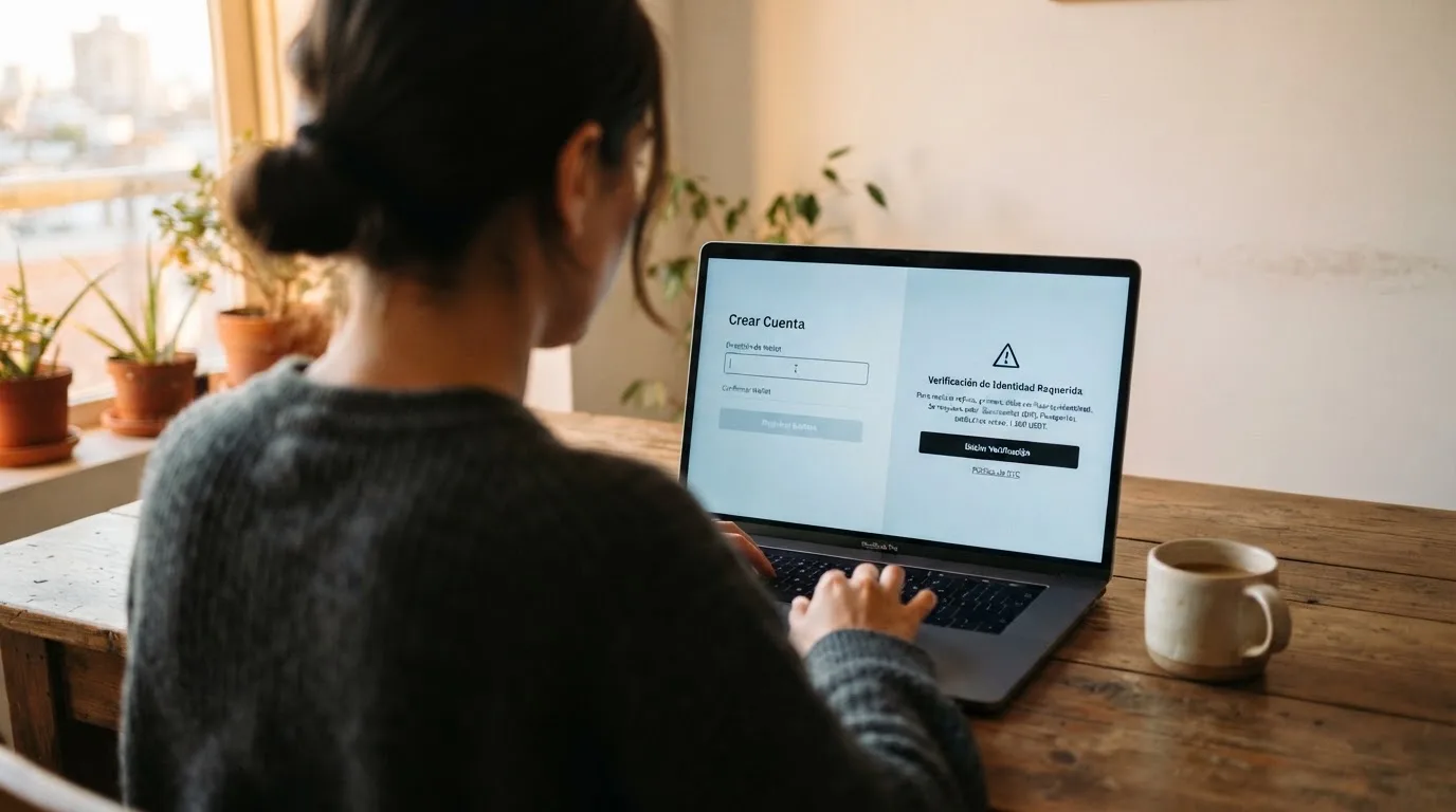 Pantalla dividida: a la izquierda un formulario de registro con solo un campo de wallet, a la derecha una notificación de verificación de identidad requerida al solicitar un retiro