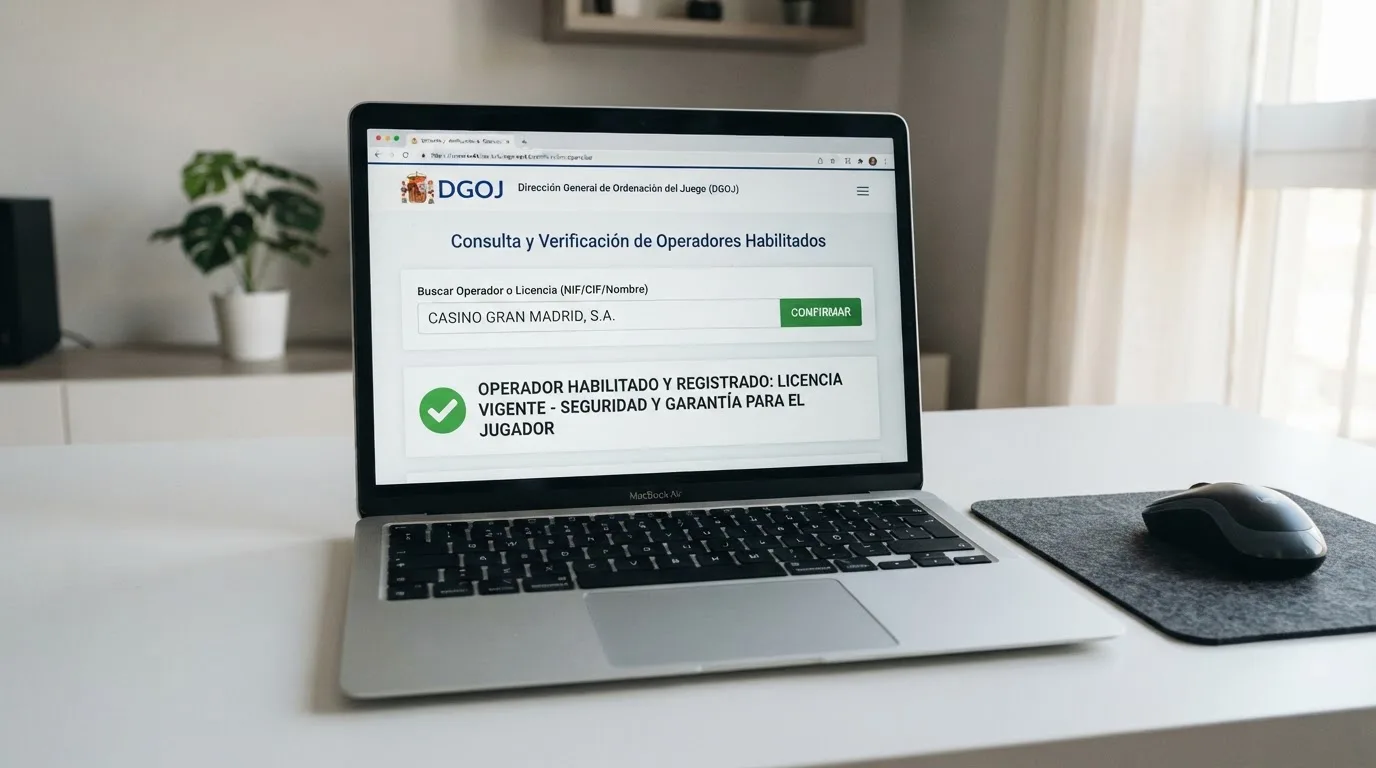 Pantalla de ordenador mostrando el catálogo de operadores habilitados en la web de la DGOJ junto al dominio .es de un casino