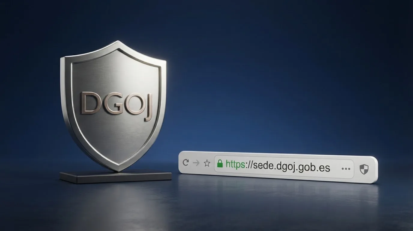 Sello oficial de la DGOJ junto a la barra de direcciones de un navegador mostrando un dominio .es y el icono de candado de conexión segura