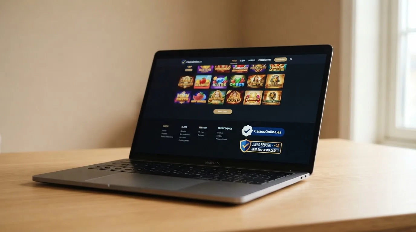 Pie de página de un casino online español mostrando el sello de licencia de la DGOJ, el dominio .es y los logos de juego seguro