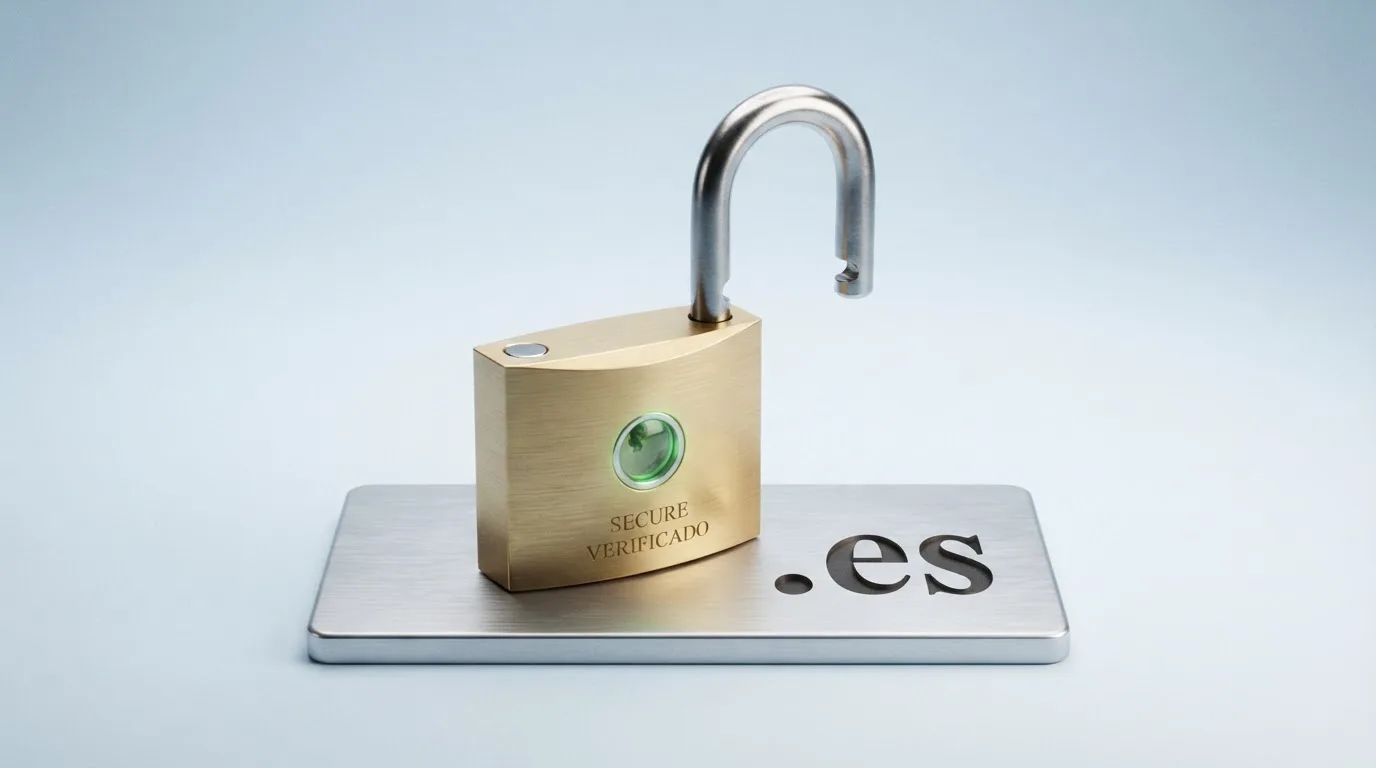 Un candado abierto sobre el dominio .es de un casino online con el escudo de la DGOJ y una marca de verificación de seguridad