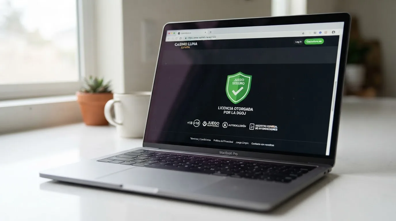 Pie de página de un casino online español mostrando el número de licencia DGOJ, el sello de Juego Seguro y el dominio .es