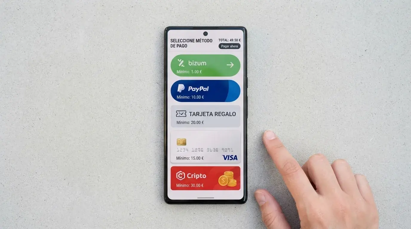 Pantalla de cajero de un casino online con los iconos de Bizum, PayPal, Paysafecard, Visa y transferencia bancaria como métodos de depósito disponibles
