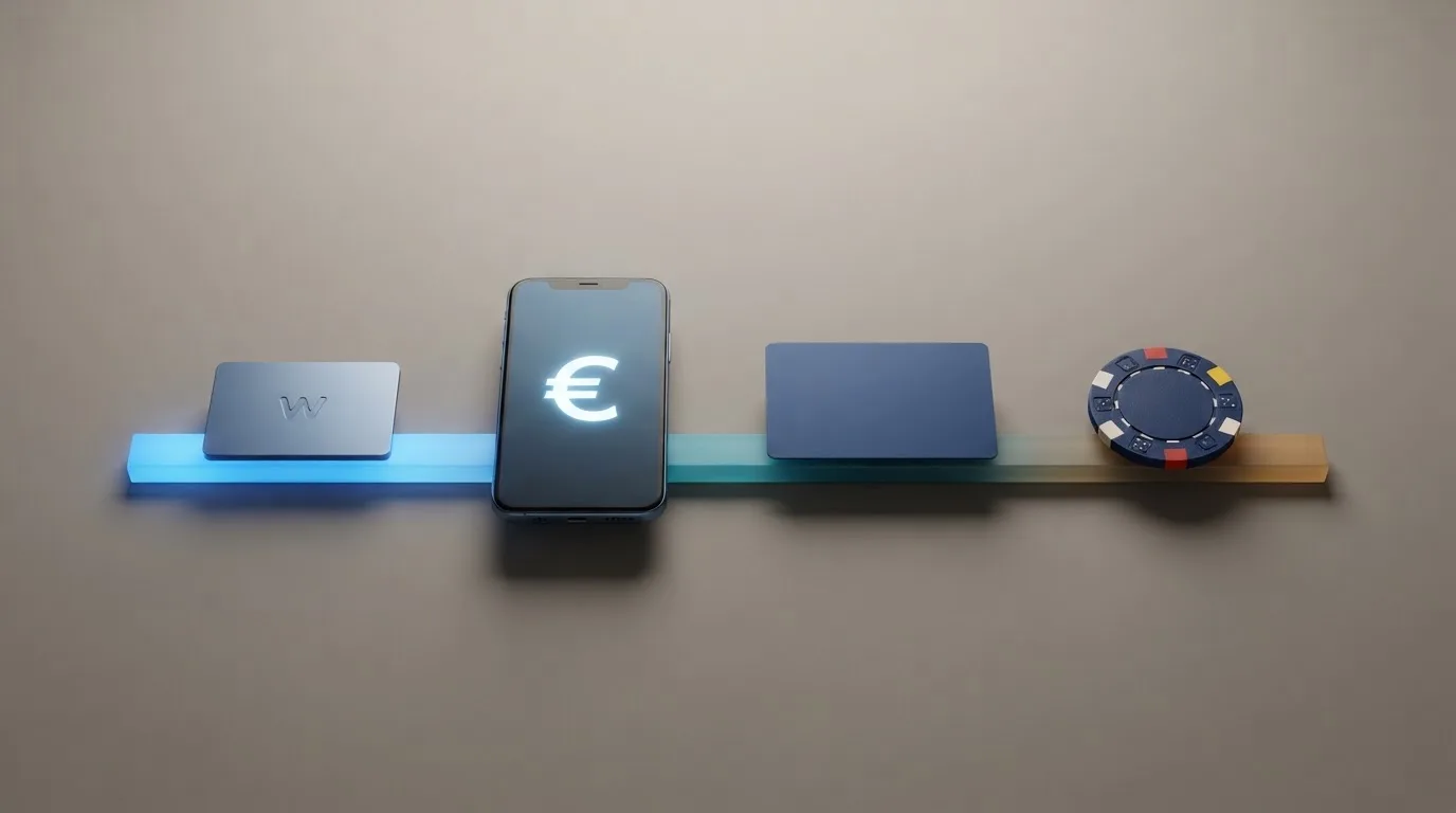 Iconos de PayPal, Skrill, Bizum y una tarjeta bancaria ordenados de más rápido a más lento sobre una franja de tiempo