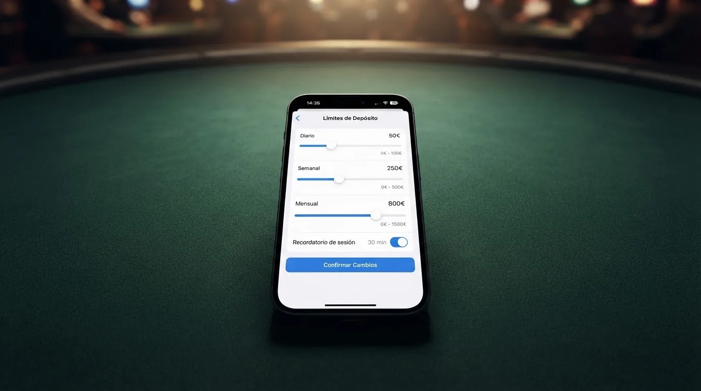 Pantalla de configuración de límites de depósito de un casino con licencia DGOJ mostrando los controles deslizantes de límite diario, semanal y mensual
