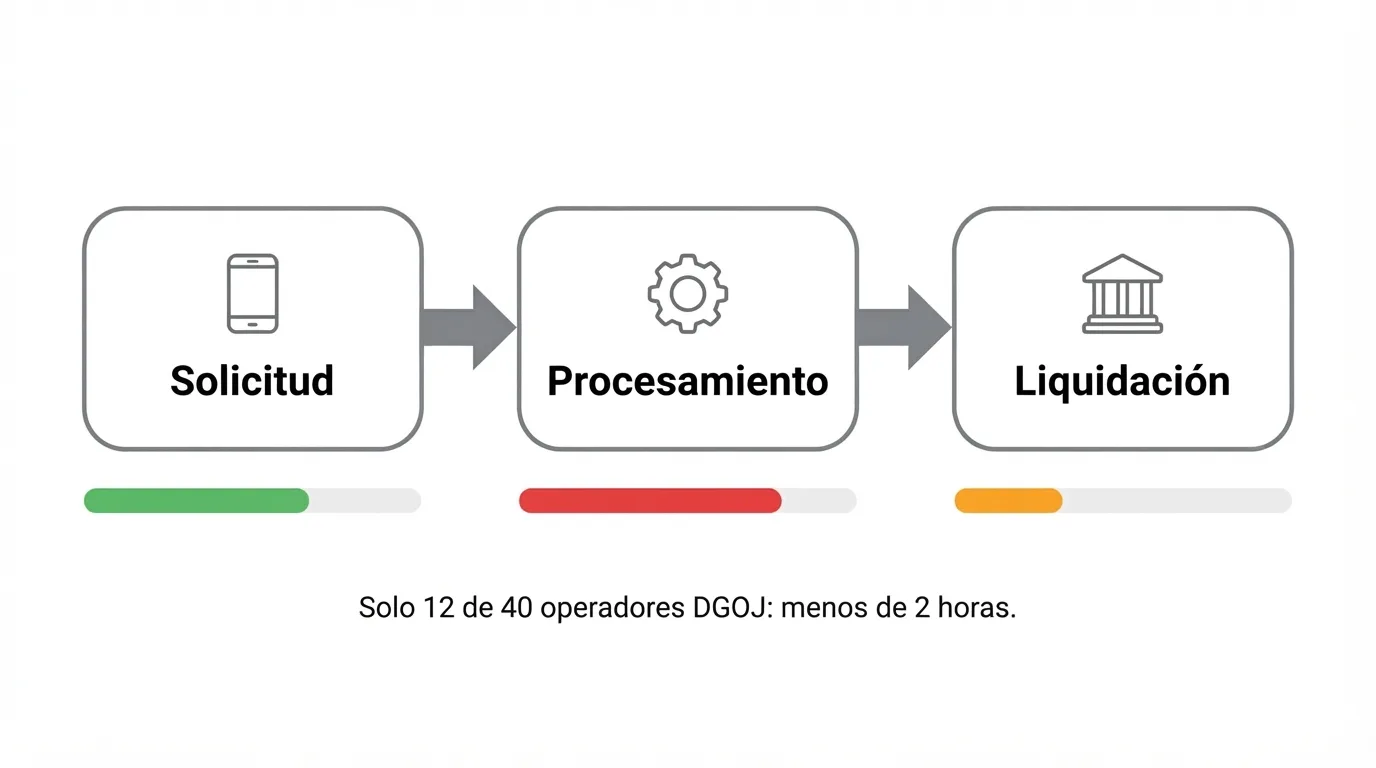 Diagrama de las tres etapas de una retirada en un casino online: solicitud, procesamiento interno y liquidación del proveedor