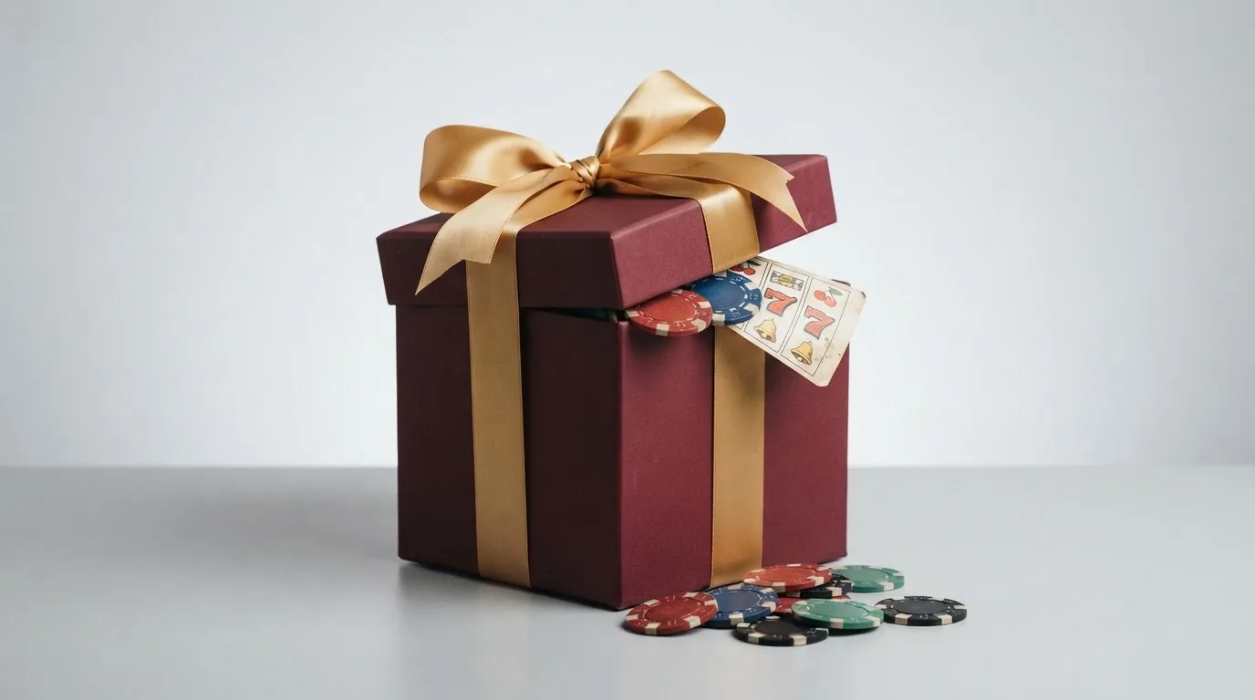 Un regalo envuelto con un lazo sobre el que se superponen los símbolos de giros gratis y un pequeño montón de monedas, destacando que el envoltorio es más grande que el contenido
