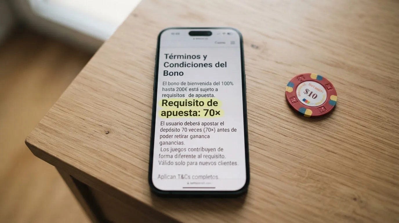 Primer plano de los términos y condiciones de un bono de casino en pantalla, con el apartado de requisito de apuesta subrayado
