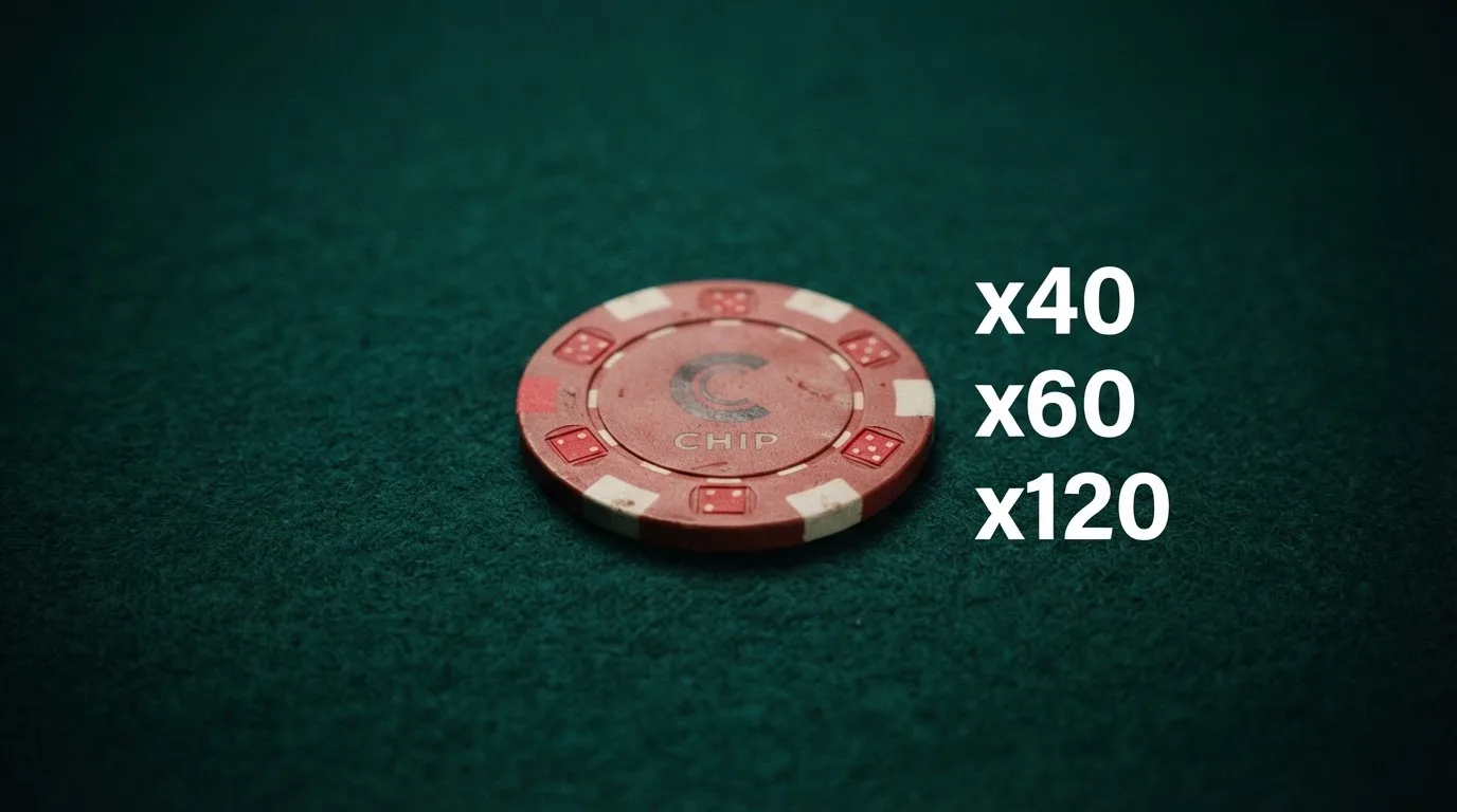 Primer plano de una ficha de tragaperras con una tabla superpuesta que muestra multiplicadores de requisito de apuesta: x40, x60, x120