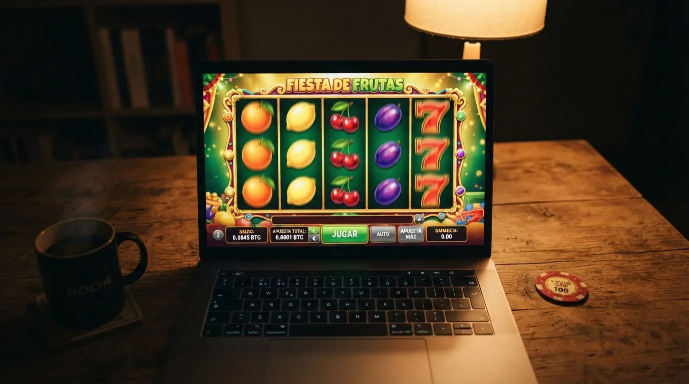 Interfaz de un slot online con los mandos de apuesta configurados en Bitcoin