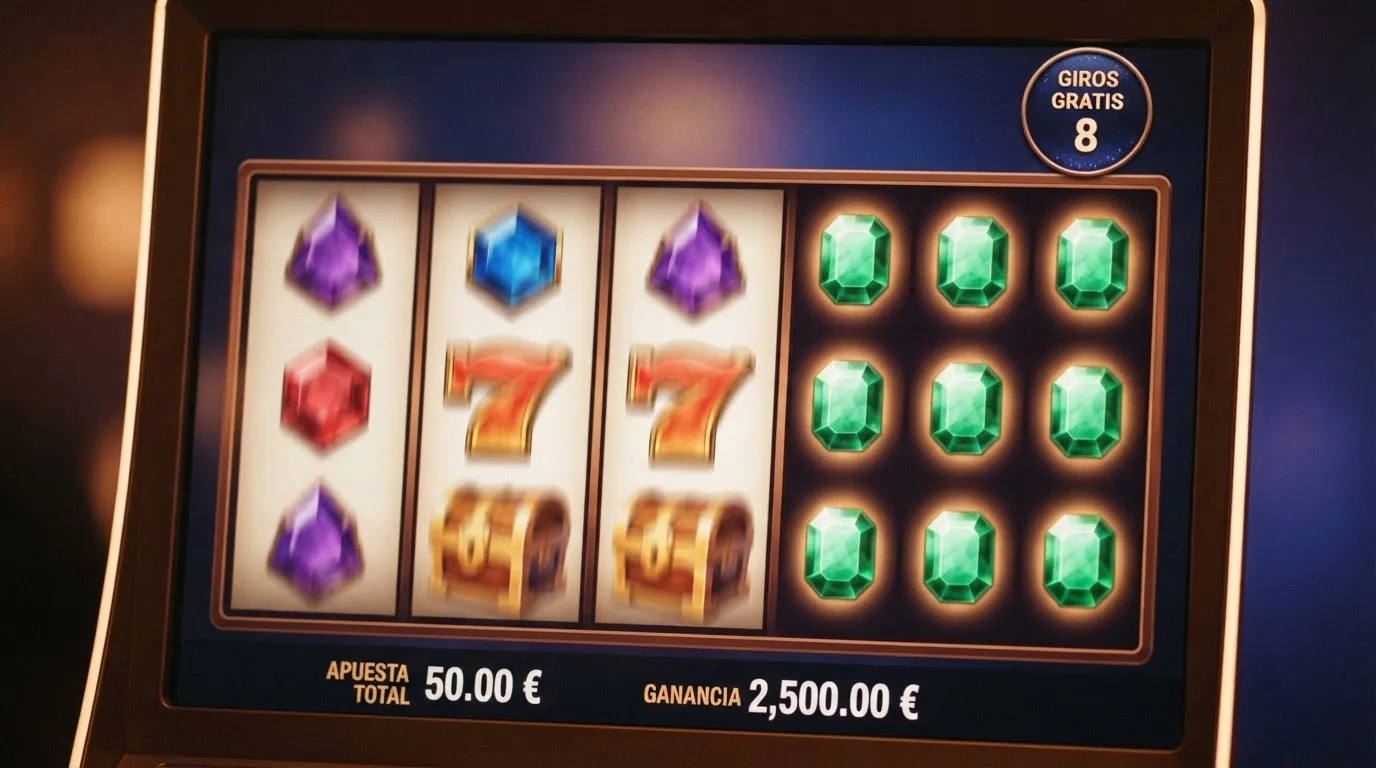 Interfaz de una tragaperras online con carrete girando, símbolos alineados y contador de tiradas gratis visibles en pantalla.