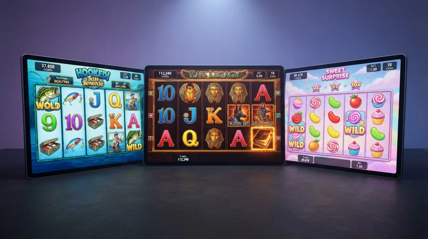 Collage con las carátulas de Big Bass Splash, Book of Dead y Sweet Bonanza Super Scatter, las tres slots que más aparecen en las promociones sin depósito de los casinos españoles